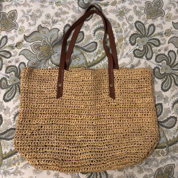 J Crew Handbags - J Crew Raffia w/ Leather Trim Tote